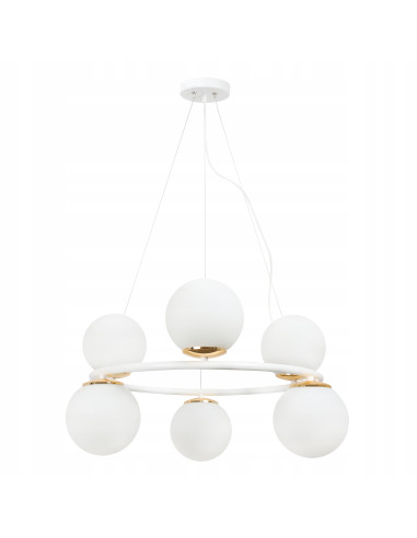 Lampa Wisząca AURA - Eleganckie Oświetlenie z 6 Kloszami, Biały Metal, E14, Klasa A, Idealna do Wnętrz