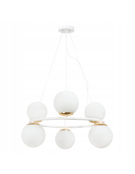 Lampa Wisząca AURA - Eleganckie Oświetlenie z 6 Kloszami, Biały Metal, E14, Klasa A, Idealna do Wnętrz