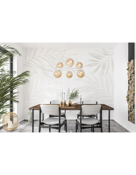 Nowoczesna lampa wisząca AURA z kulistymi kloszami, 6 punktów świetlnych E14, biała, elegancka do każdego wnętrza.