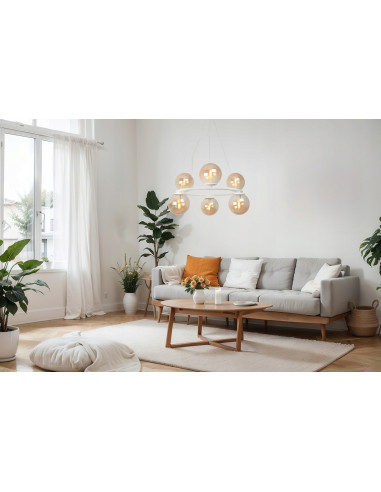Nowoczesna lampa wisząca AURA z kulistymi kloszami, 6 punktów świetlnych E14, biała, elegancka do każdego wnętrza.