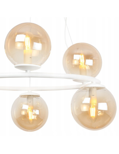 Nowoczesna lampa wisząca AURA z kulistymi kloszami, 6 punktów świetlnych E14, biała, elegancka do każdego wnętrza.