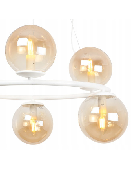 Nowoczesna lampa wisząca AURA z kulistymi kloszami, 6 punktów świetlnych E14, biała, elegancka do każdego wnętrza.
