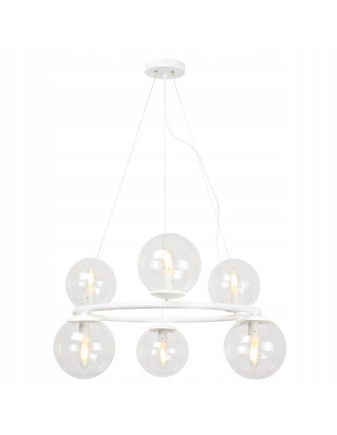 Nowoczesna lampa wisząca AURA z kulistymi kloszami, 6 punktów świetlnych E14, biała, elegancka do każdego wnętrza.