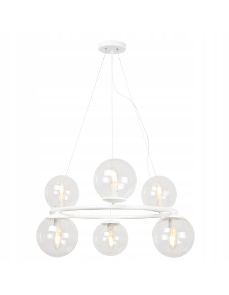 Nowoczesna lampa wisząca AURA z kulistymi kloszami, 6 punktów świetlnych E14, biała, elegancka do każdego wnętrza.