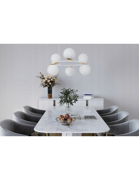 Lampa Wisząca AURA - Eleganckie Oświetlenie z 6 Kloszami, Biały Metal, E14, Klasa A, Idealna do Wnętrz