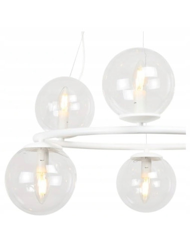 Nowoczesna lampa wisząca AURA z kulistymi kloszami, 6 punktów świetlnych E14, biała, elegancka do każdego wnętrza.