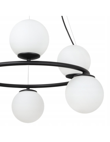 Żyrandol AURA Ring - Eleganckie oświetlenie z białymi kloszami E14, regulowana wysokość, 6 punktów światła, nowoczesny design