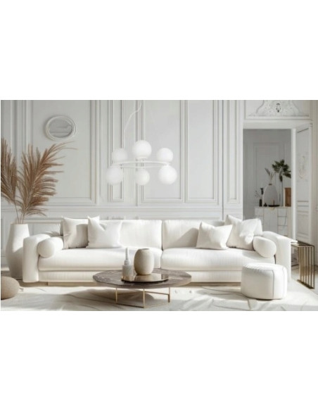 Nowoczesna lampa wisząca AURA z kulistymi kloszami, 6 punktów świetlnych E14, biała, elegancka do każdego wnętrza.