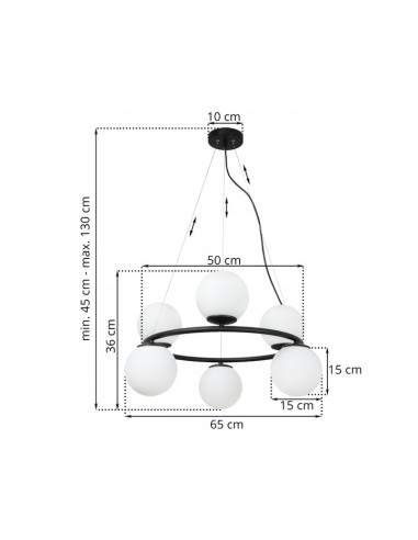 Żyrandol AURA Ring - Eleganckie oświetlenie z białymi kloszami E14, regulowana wysokość, 6 punktów światła, nowoczesny design