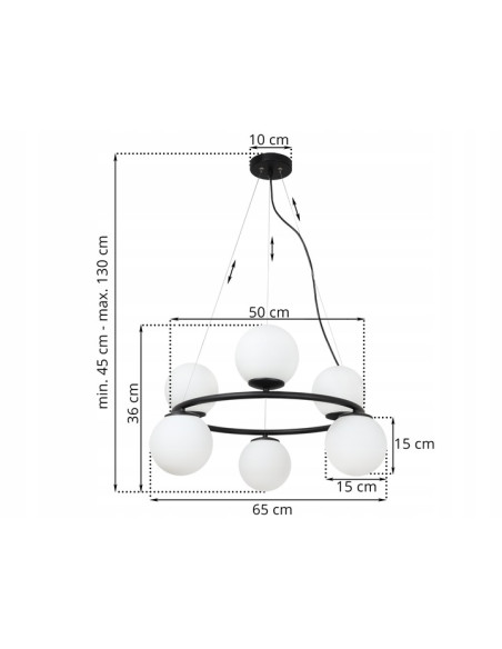 Żyrandol AURA Ring - Eleganckie oświetlenie z białymi kloszami E14, regulowana wysokość, 6 punktów światła, nowoczesny design
