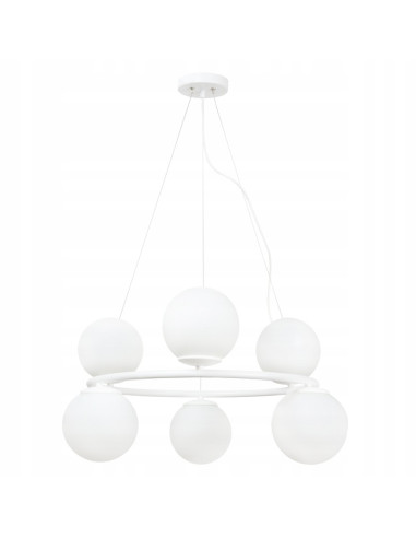 Nowoczesna lampa wisząca AURA z kulistymi kloszami, 6 punktów świetlnych E14, biała, elegancka do każdego wnętrza.