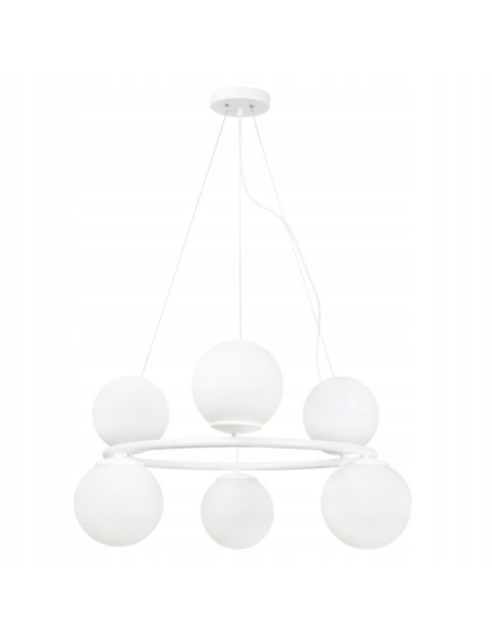 Nowoczesna lampa wisząca AURA z kulistymi kloszami, 6 punktów świetlnych E14, biała, elegancka do każdego wnętrza.