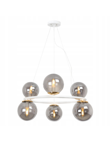 Lampa Wisząca AURA - Eleganckie Oświetlenie z 6 Kloszami, Biały Metal, E14, Klasa A, Idealna do Wnętrz