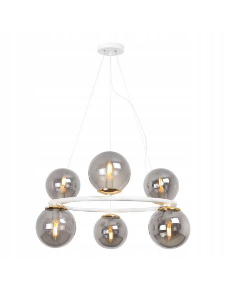 Lampa Wisząca AURA - Eleganckie Oświetlenie z 6 Kloszami, Biały Metal, E14, Klasa A, Idealna do Wnętrz