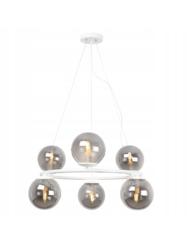 Nowoczesna lampa wisząca AURA z kulistymi kloszami, 6 punktów świetlnych E14, biała, elegancka do każdego wnętrza.