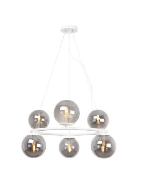 Nowoczesna lampa wisząca AURA z kulistymi kloszami, 6 punktów świetlnych E14, biała, elegancka do każdego wnętrza.