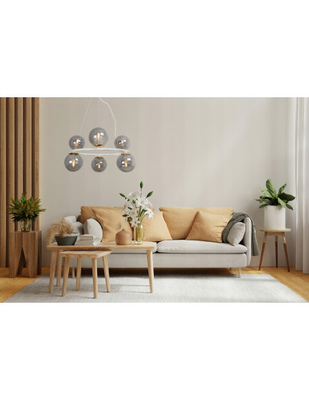 Lampa Wisząca AURA - Eleganckie Oświetlenie z 6 Kloszami, Biały Metal, E14, Klasa A, Idealna do Wnętrz