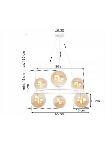 Nowoczesna lampa wisząca AURA z kulistymi kloszami, 6 punktów świetlnych E14, biała, elegancka do każdego wnętrza.