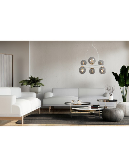 Lampa Wisząca AURA - Eleganckie Oświetlenie z 6 Kloszami, Biały Metal, E14, Klasa A, Idealna do Wnętrz