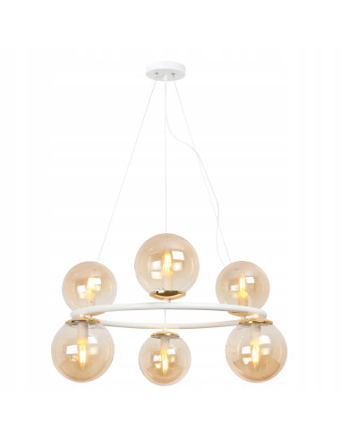 Lampa Wisząca AURA - Eleganckie Oświetlenie z 6 Kloszami, Biały Metal, E14, Klasa A, Idealna do Wnętrz