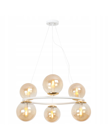 Lampa Wisząca AURA - Eleganckie Oświetlenie z 6 Kloszami, Biały Metal, E14, Klasa A, Idealna do Wnętrz