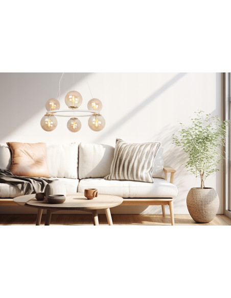 Lampa Wisząca AURA - Eleganckie Oświetlenie z 6 Kloszami, Biały Metal, E14, Klasa A, Idealna do Wnętrz