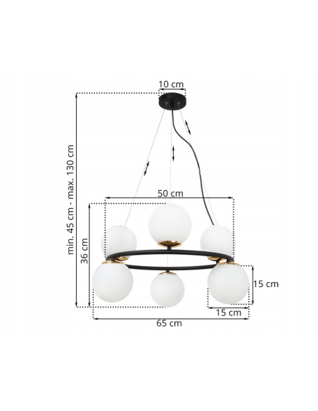 Lampa wisząca AURA 60W z regulacją, 6 kloszy, złote akcenty - eleganckie oświetlenie do kuchni i jadalni
