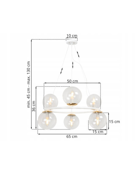 Lampa Wisząca AURA - Eleganckie Oświetlenie z 6 Kloszami, Biały Metal, E14, Klasa A, Idealna do Wnętrz