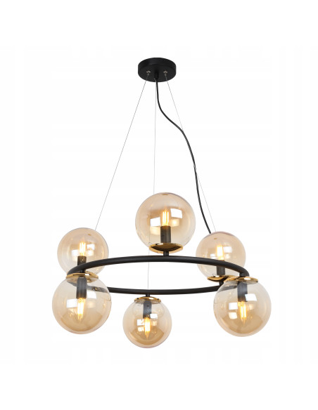Lampa wisząca AURA E14 z sześcioma miodowymi kulami, nowoczesna elegancja do jadalni i salonu w czarno-złotym wykończeniu