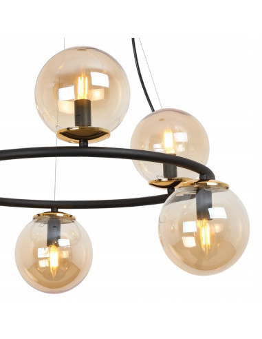 Lampa wisząca AURA E14 z sześcioma miodowymi kulami, nowoczesna elegancja do jadalni i salonu w czarno-złotym wykończeniu