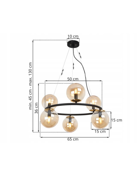 Lampa wisząca AURA E14 z sześcioma miodowymi kulami, nowoczesna elegancja do jadalni i salonu w czarno-złotym wykończeniu