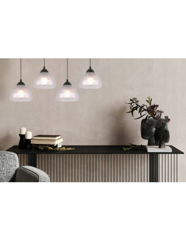 Lampa sufitowa Venice z 4 mlecznymi kloszami w eleganckiej czarnej oprawie do jadalni, salonu i biura