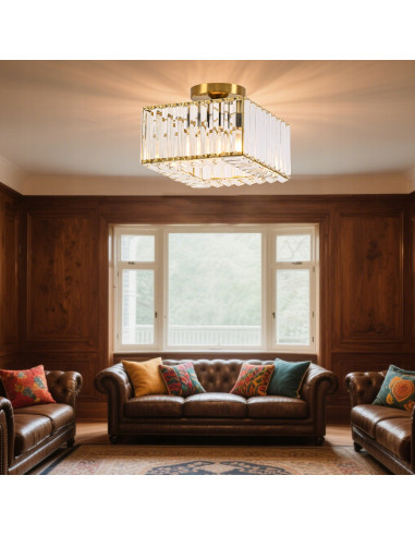 Plafon kryształowy Vetro E27, złoty - elegancka lampa do salonu, jadalni i biura w stylu glamour