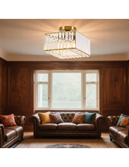 Plafon kryształowy Vetro E27, złoty - elegancka lampa do salonu, jadalni i biura w stylu glamour