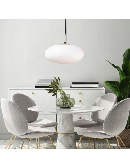 Lampa wisząca OMI z białym kloszem i złotą podsufitką - nowoczesne oświetlenie do eleganckich wnętrz 40W E27