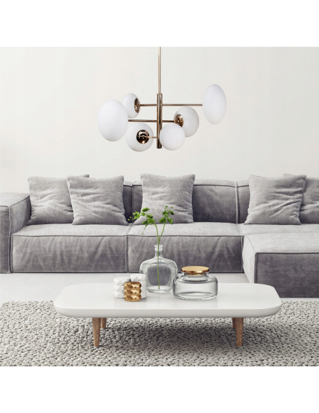 Lampa wisząca OMI z białymi kloszami i złotymi ramionami – minimalistyczne eleganckie oświetlenie do każdego wnętrza.