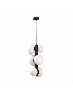 Lampa wisząca OMI z kulistymi kloszami G9 w eleganckim czarno-białym stylu do nowoczesnych wnętrz.