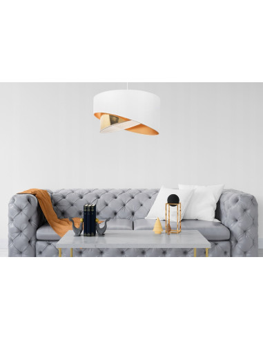 Lampa wisząca ASTI w stylu glamour, asymetryczny abażur 45 cm, biało-złota, idealna do sypialni i salonu.