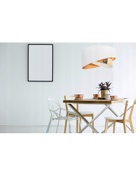 Lampa wisząca ASTI w stylu glamour, asymetryczny abażur 45 cm, biało-złota, idealna do sypialni i salonu.