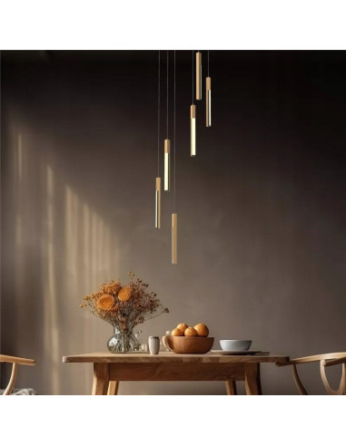 Lampa wisząca ELIOT - nowoczesne oświetlenie z podłużnymi kloszami w srebrno-beżowym kolorze do eleganckich wnętrz.