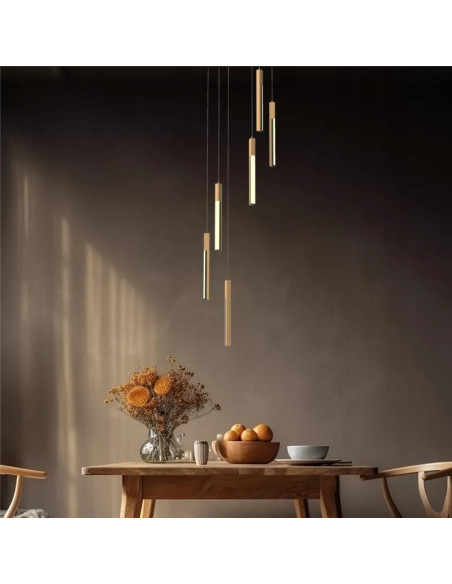 Lampa wisząca ELIOT - nowoczesne oświetlenie z podłużnymi kloszami w srebrno-beżowym kolorze do eleganckich wnętrz.