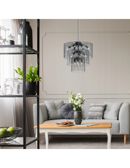 Lampa sufitowa NIRA E14 z trzema szklanymi okręgami, czarna, nowoczesny styl do eleganckich wnętrz