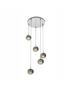 Lampa wisząca CRYSTAL ZUMLINE w eleganckim srebrze z 5 kloszami szklanymi, idealna do nowoczesnych wnętrz.