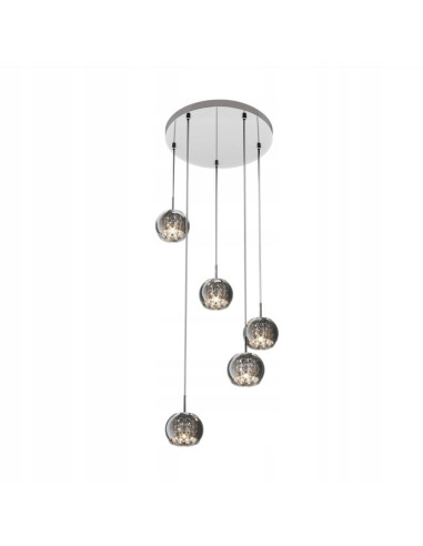 Lampa wisząca CRYSTAL ZUMLINE w eleganckim srebrze z 5 kloszami szklanymi, idealna do nowoczesnych wnętrz.