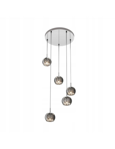 Lampa wisząca CRYSTAL ZUMLINE w eleganckim srebrze z 5 kloszami szklanymi, idealna do nowoczesnych wnętrz.