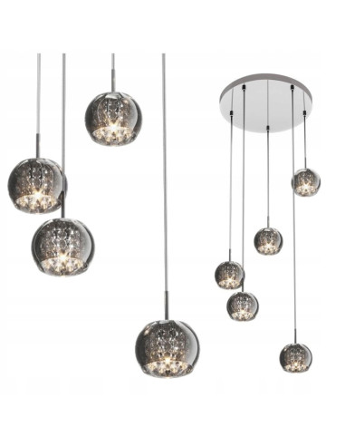 Lampa wisząca CRYSTAL ZUMLINE w eleganckim srebrze z 5 kloszami szklanymi, idealna do nowoczesnych wnętrz.