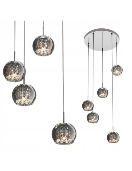 Lampa wisząca CRYSTAL ZUMLINE w eleganckim srebrze z 5 kloszami szklanymi, idealna do nowoczesnych wnętrz.