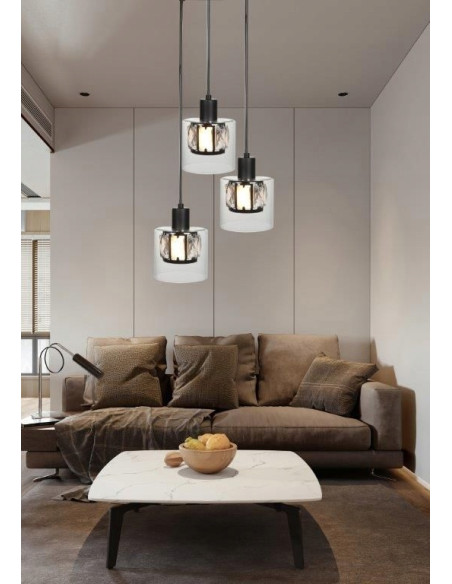 Lampa wisząca Elmo Glamour - czarna z przezroczystym kloszem, 3 źródła światła do stylowego wnętrza