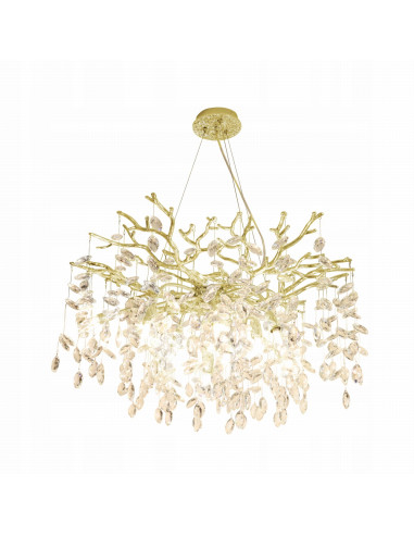 Lampa sufitowa CINDY w stylu glamour z złotą metalową oprawą i kryształowymi akcentami, 10-punktowe oświetlenie.