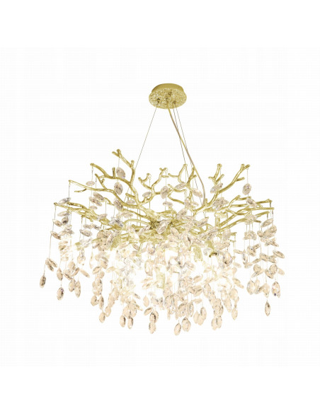 Lampa sufitowa CINDY w stylu glamour z złotą metalową oprawą i kryształowymi akcentami, 10-punktowe oświetlenie.